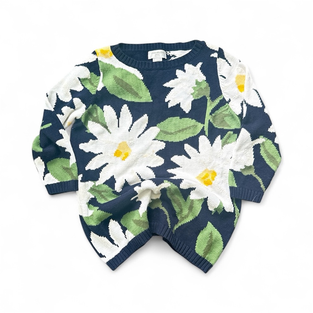 Vintage 90s Jones New York White/Navy Daisy Sweater Womens